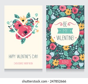 two greetings cards for valentine's day, cute hand drawn floral design, vector illustration