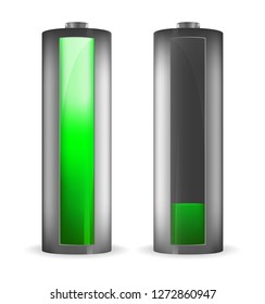 Two grey batteries with green indicator of full charge and low charge