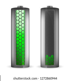 Two grey batteries with hexagons green indicator of full charge and low charge