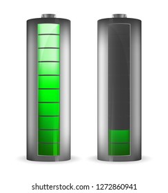 Two grey batteries with rectangle green indicator of full charge and low charge