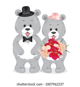 Two grey bears smiling.Male in a black hat with the tie,the female in the pink hat on her head, holding a bouquet of flowers Dahlia with leaves of grass.Greeting, Valentine day, wedding,save the date