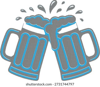 Two grey beer mugs with blue outlines clinking together with frothy foam and splashes against a white background
