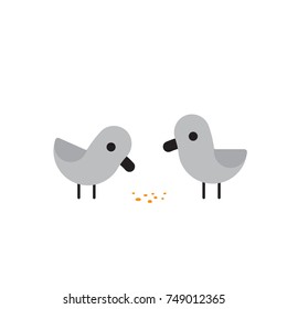 Two grey birds eating breadcrumbs, cute flat illustration, isolated vector. Sharing food concept.