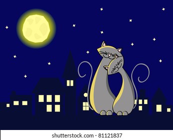 two grey cats in love sitting at the roof at night