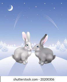 Two grey rabbits on a hill in the winter forest at night.