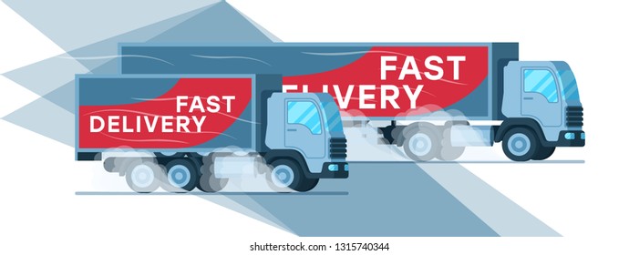 Two Grey Warehouse Fast Delivery Company Truck. Manufacture Depot Express Supply. Big Shipping Van with Title on Side Moving Quickly to Smoke under Wheel. Flat Cartoon Vector Illustration