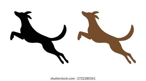 Dos galgos saltando en el aire con movimiento dinámico. Diseño de silueta de perro de carrera rápida aislado sobre fondo blanco. 