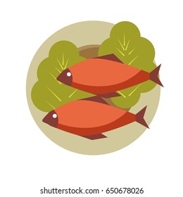 Two grilled fish on round plate with fresh lettuce