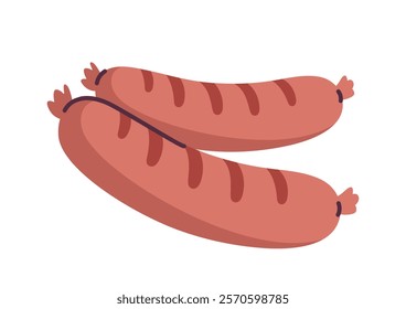 Two grilled sausages with grill marks, depicted in a flat vector style on a white background. Represents food, cooking, barbecue, and culinary concepts. Vector illustration.