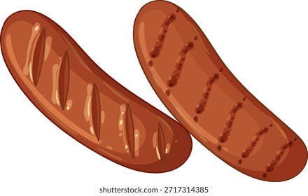Dos salchichas a la parrilla con marcas de parrilla, aisladas en blanco, estilo de Ilustración vectorial colorido