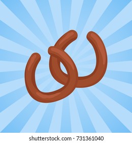 Two grilled sausages nutrition snack, meat appetizers vector illustration in concept of Oktoberfest or Octoberfest festival on background with rays