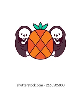 Two grim reaper skulls with pineapple, illustration for t-shirt, sticker, or apparel merchandise. With doodle, retro, and cartoon style.