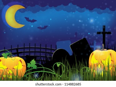 Two grinning Jack o Lanterns on a night cemetery. Abstract Halloween  background