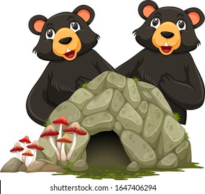 Two grizzly bears and little cave on white background illustration