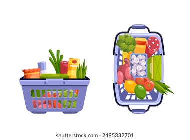 Two Grocery Baskets Filled With Variety Of Food Items, Including Vegetables, Fruits, Dairy, And Packaged Goods