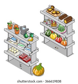 Two grocery shelves stuffed with various food, light bulbs, music boxes, plants and seeds (isometric illustration)