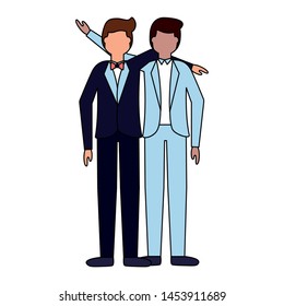 two groom men hugging wedding day vector illustration