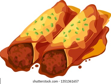 Two ground beef Mexican enchiladas on a white background. Isolated vector illustration.