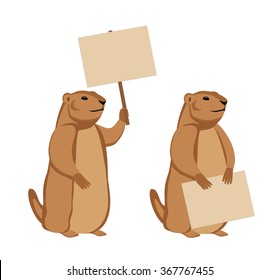 Two groundhogs with wooden signs. Isolated on white background animal character for your design. Vector illustration