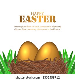 two group 3D realistic golden egg shiny on the bird nest on the grass. Poster, banner, ad, promotion. Vector illustration