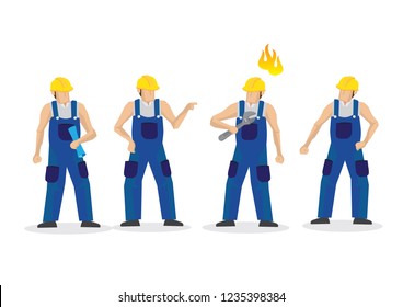 Two group of male construction workers fighting and quarreling. Isolated on white background. Vector illustration.