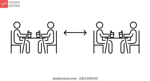 Two group people drinking coffee in cafe, safe table icon. New normal dine in concept. keep social distance as prevention spread of corona virus or Covid19. Editable stroke vector illustration EPS 10