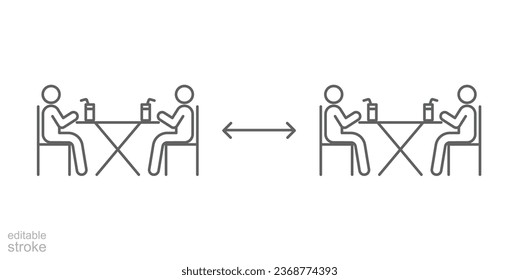 Dos grupos de personas tomando café en el icono de la cafetería. Nueva cena normal en concepto con mesa segura. mantener el distanciamiento social como prevención de la propagación de Covid19. Esquema, ilustración del vector de trazo editable. EPS 10