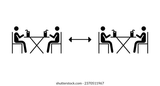 Dos grupos de personas tomando café en el icono de la cafetería. Nueva cena normal en concepto con mesa segura. mantener el distanciamiento social como prevención de la propagación de Covid19. Sólido, estilo glifo. ilustración vectorial Diseño EPS 10