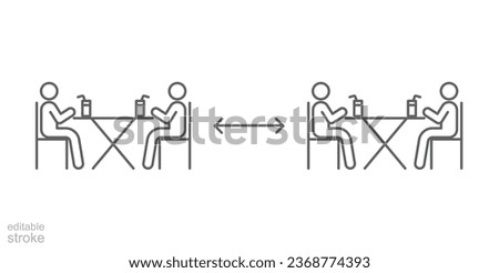 Two group people drinking coffee in cafe icon. New normal dine in concept with safe table. keep social distancing as prevention spread of Covid19. Outline, Editable stroke vector illustration. EPS 10