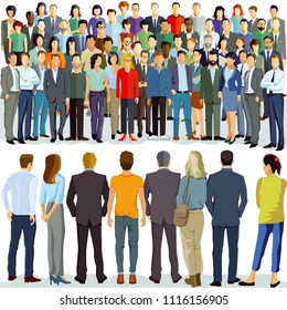 two group of people stand opposite each other, illustration