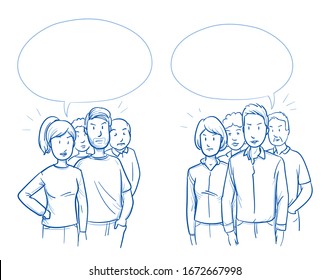 Two groups of angry mixed people, discussing and arguing with each other. Hand drawn blue outline line art cartoon vector illustration.