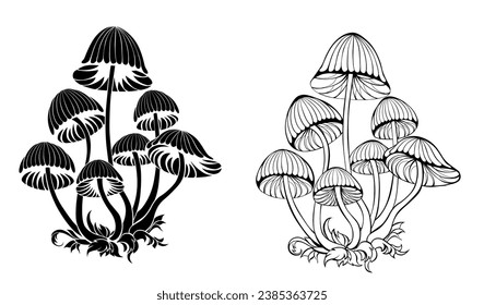 Two groups of artistically drawn, contoured, black, isolated, silhouette toadstools on a white background. Hallucinogenic mushrooms. hand drawn vector art