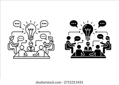 Two Groups Brainstorming Around a Lightbulb meeting