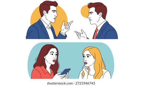Dois grupos de empresários, incluindo homens e mulheres, se envolvem em conversas sérias e casuais representadas em estilos de arte simples.