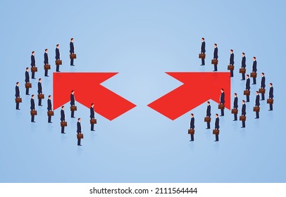 Two groups of businessmen choosing to stand around arrows in two different directions