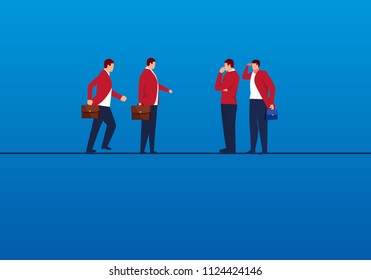 Two groups of businessmen meet on a rope