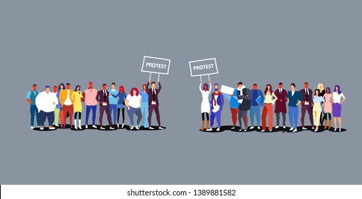 two groups of businesspeople holding protest placard signboard business people crowd standing together demonstration concept sketch doodle horizontal full length