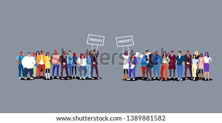 two groups of businesspeople holding protest placard signboard business people crowd standing together demonstration concept sketch doodle horizontal full length