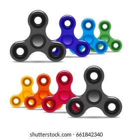 two groups of a colorful spinners or a fidget spinners