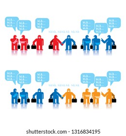 Two groups of cute happy little icon man shake hand after a business deal have make. With optional orange color version.