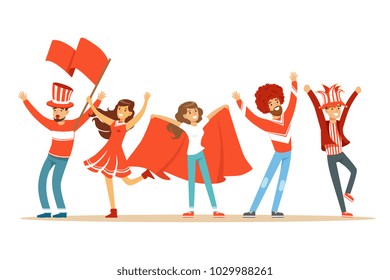 Two Groups Of Football Sports Fans Supporting Teams In Red And Blue Outfits Shouting And Cheering At The Stadium