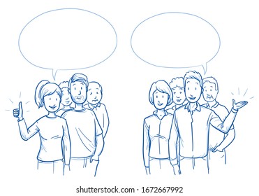 Zwei Gruppen glücklicher gemischter Menschen, die miteinander sprechen und positive Handzeichen geben. Handgezeichnete blaue Rahmenlinie Art Cartoon Vektorillustration Illustration.