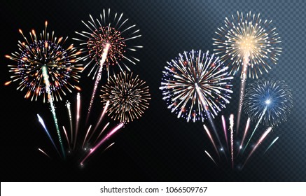 Two groups of isolated fireworks. Vector illustration