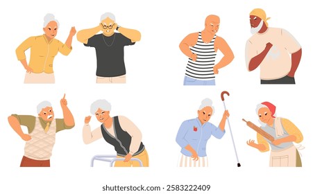 Two groups of older men display exaggerated emotions and gestures, conveying tension and disagreement in a lighthearted, cartoonish style that captures their vibrant personalities