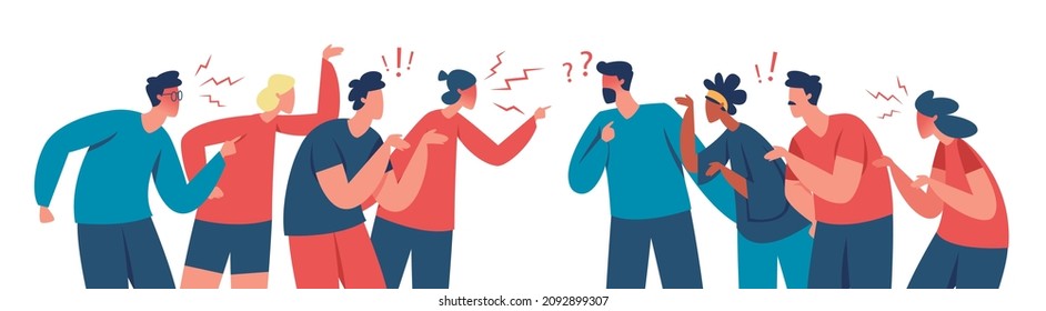 Two groups of people arguing and fighting, conflict among people. Angry characters having argument or disagreement vector illustration. Colleagues having debate or misunderstanding