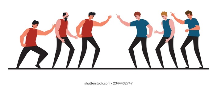 Two groups of people arguing and fighting, conflict among people. Angry characters having argument or disagreement vector illustration. Colleagues having debate or misunderstanding.