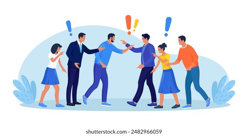 Two groups of people arguing and fighting, business conflict. Teamwork disagreement. Fierce rivalry, unhealthy competition. Colleagues having debate. Angry people arguing or misunderstanding