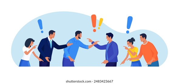 Two groups of people arguing and fighting, business conflict. Teamwork disagreement. Fierce rivalry, unhealthy competition. Colleagues having debate. Angry people arguing or misunderstanding