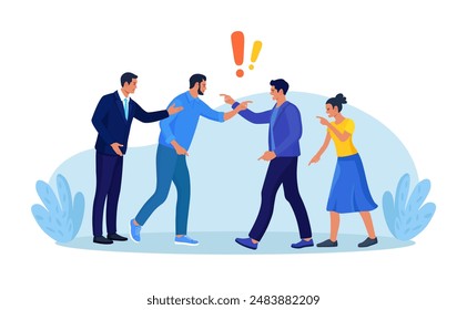 Two groups of people arguing and fighting, business conflict. Teamwork disagreement. Fierce rivalry, unhealthy competition. Colleagues having debate. Angry people arguing or misunderstanding