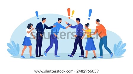 Two groups of people arguing and fighting, business conflict. Teamwork disagreement. Fierce rivalry, unhealthy competition. Colleagues having debate. Angry people arguing or misunderstanding